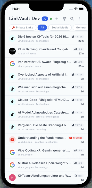 LinkVault iOS app showing link library
