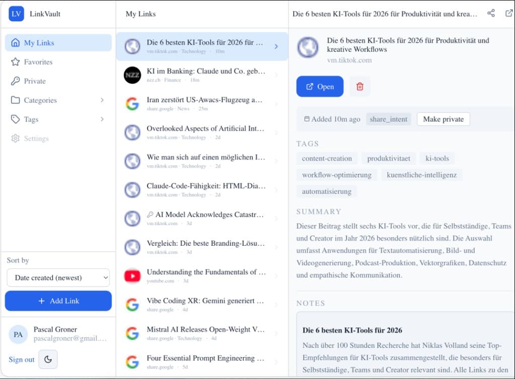 LinkVault web client in a browser