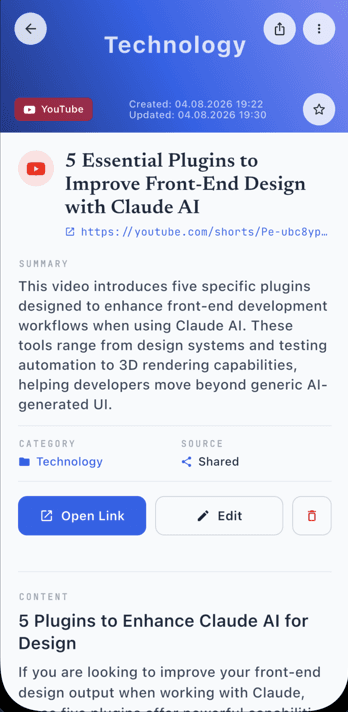 Link detail showing an AI summary and extracted page text