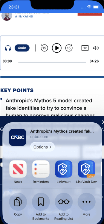 iOS share sheet sending an article into LinkVault Professional
