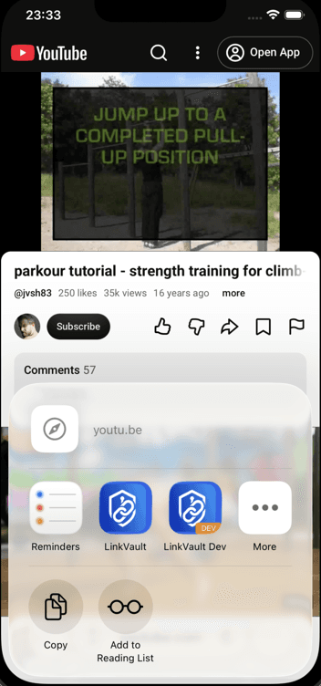 iOS share sheet sending a YouTube link into LinkVault Professional