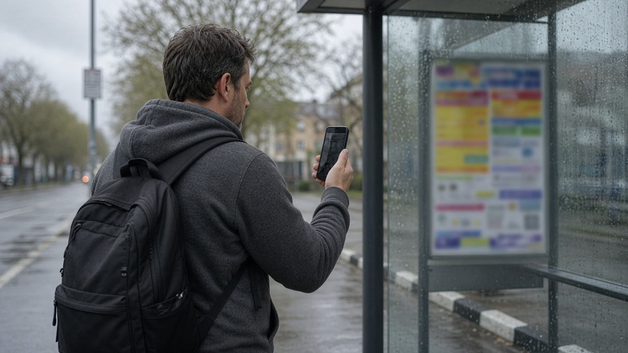 An der Haltestelle, das Plakat wird fotografiert